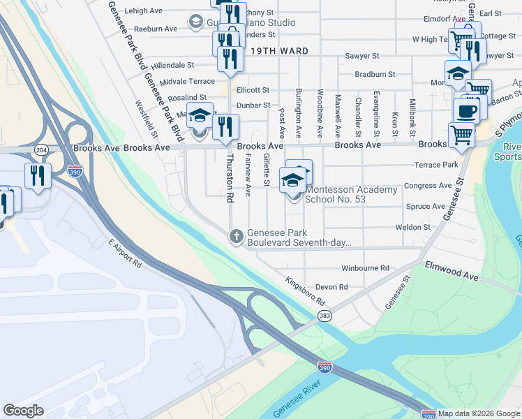 map of restaurants, bars, coffee shops, grocery stores, and more near 139 Gillette Street in Rochester