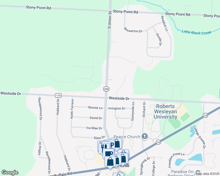 map of restaurants, bars, coffee shops, grocery stores, and more near 3040 South Union Street in Rochester