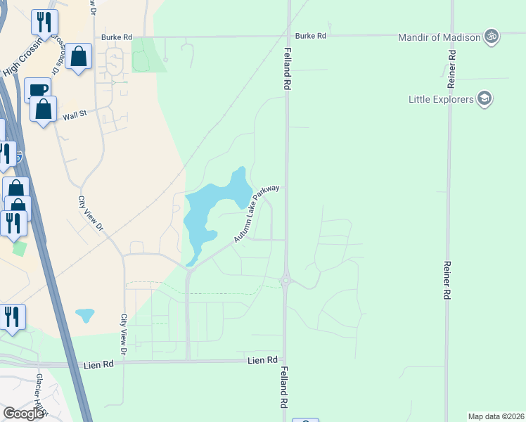 map of restaurants, bars, coffee shops, grocery stores, and more near 2209 Waterfall Way in Madison