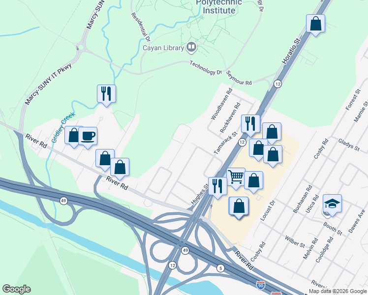 map of restaurants, bars, coffee shops, grocery stores, and more near 5500 East Woodlawn Place in Utica