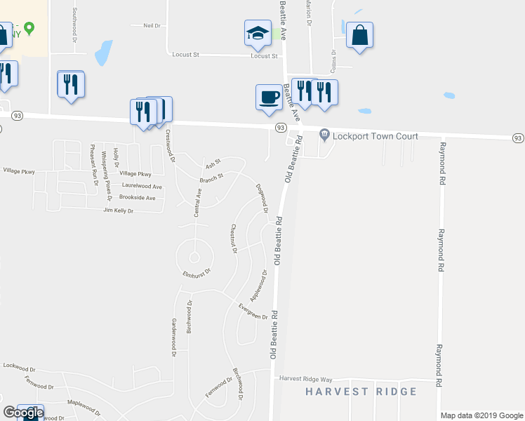 map of restaurants, bars, coffee shops, grocery stores, and more near 390 Birchwood Drive in Lockport