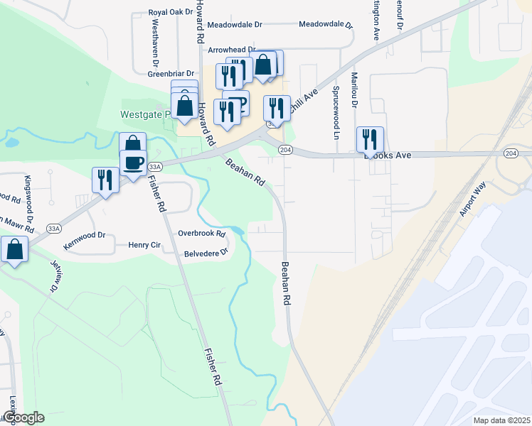 map of restaurants, bars, coffee shops, grocery stores, and more near 535 Beahan Road in Rochester