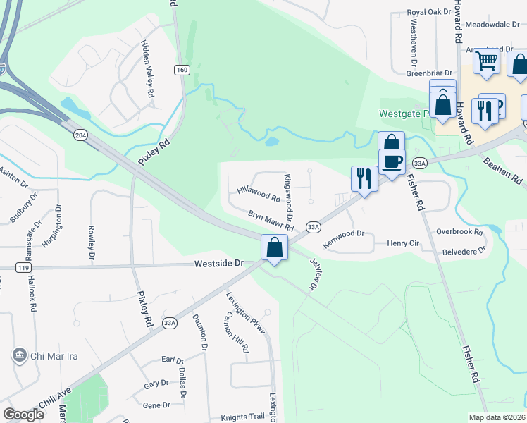 map of restaurants, bars, coffee shops, grocery stores, and more near 8 Bryn Mawr Road in Rochester