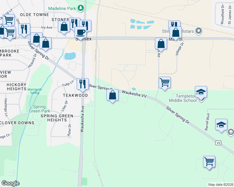 map of restaurants, bars, coffee shops, grocery stores, and more near N60W22995 Silver Spring Drive in Sussex