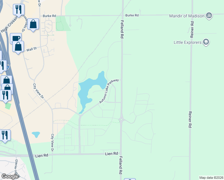 map of restaurants, bars, coffee shops, grocery stores, and more near 2209 Waterfall Way in Madison