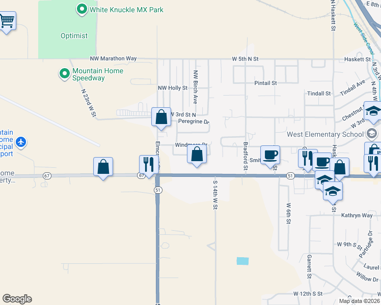 map of restaurants, bars, coffee shops, grocery stores, and more near 1500 Windmere Drive in Mountain Home