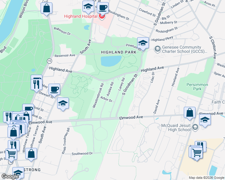 map of restaurants, bars, coffee shops, grocery stores, and more near 71 Azalea Road in Rochester