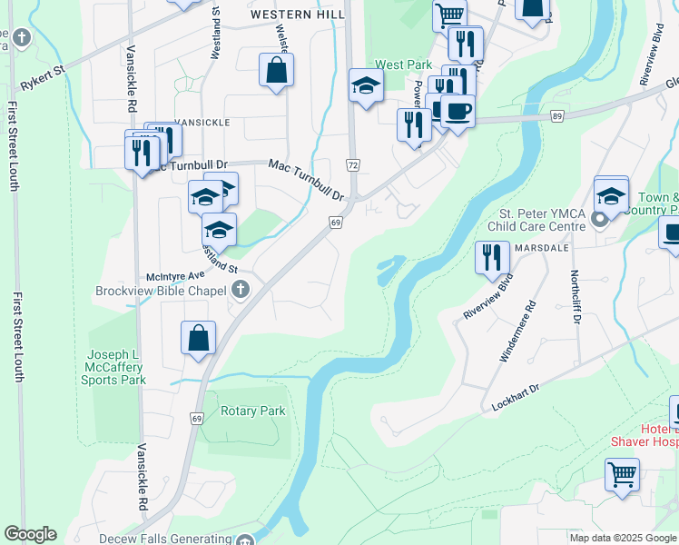 map of restaurants, bars, coffee shops, grocery stores, and more near 18 Rosemore Road in St. Catharines