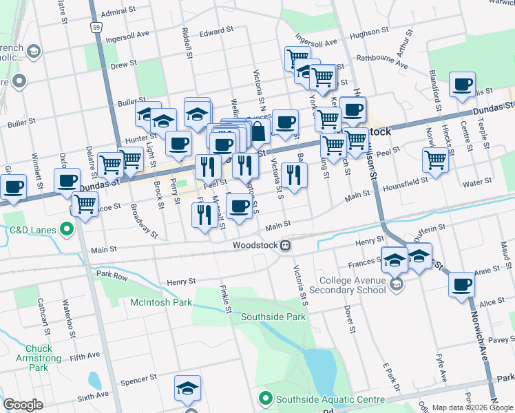map of restaurants, bars, coffee shops, grocery stores, and more near 63 Wellington Street South in Woodstock