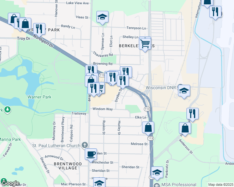 map of restaurants, bars, coffee shops, grocery stores, and more near 2838 Dryden Drive in Madison