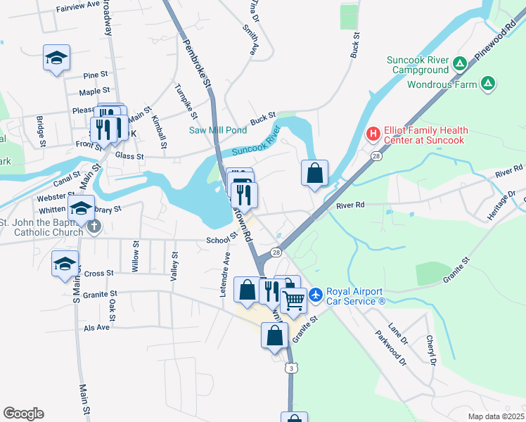 map of restaurants, bars, coffee shops, grocery stores, and more near 2 River Road in Allenstown