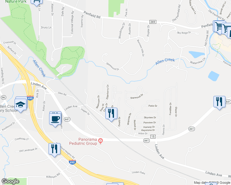 map of restaurants, bars, coffee shops, grocery stores, and more near Miami Drive in Rochester