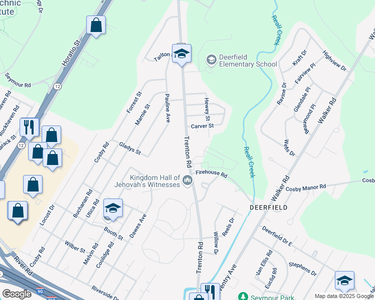 map of restaurants, bars, coffee shops, grocery stores, and more near County Road 91 in Utica