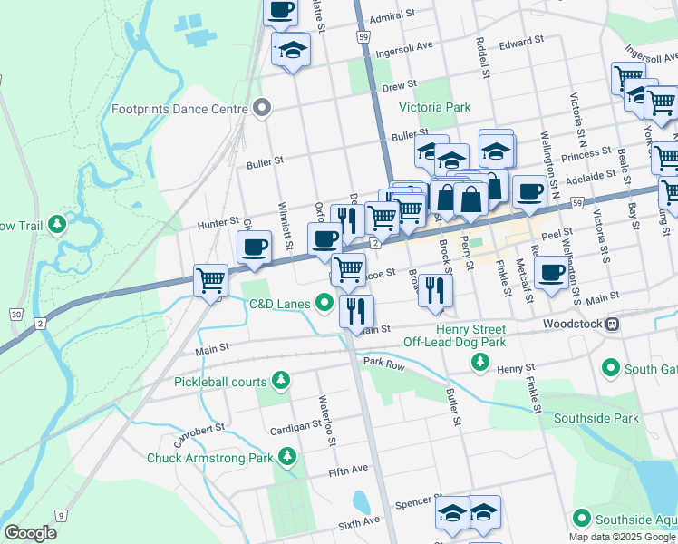map of restaurants, bars, coffee shops, grocery stores, and more near 21 Mill Street in Woodstock