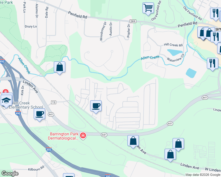 map of restaurants, bars, coffee shops, grocery stores, and more near Dalewood Drive in Rochester