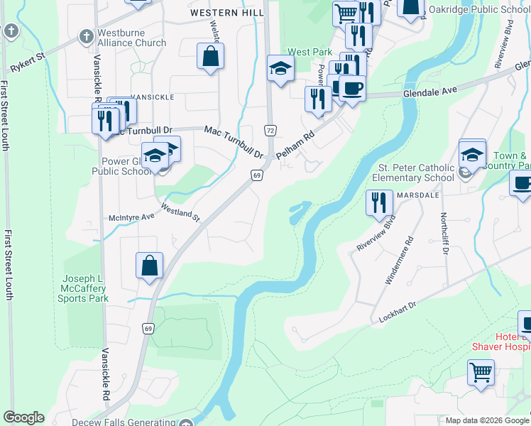 map of restaurants, bars, coffee shops, grocery stores, and more near 18 Rosemore Road in St. Catharines