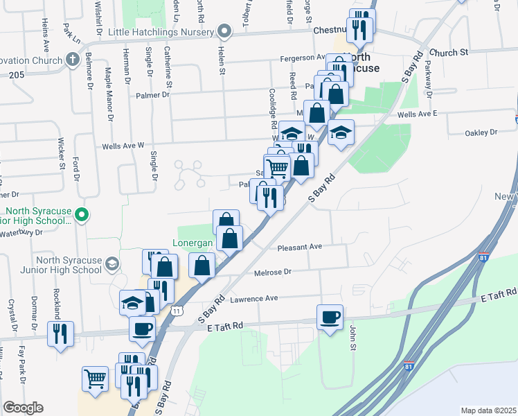 map of restaurants, bars, coffee shops, grocery stores, and more near 450 South Main Street in North Syracuse