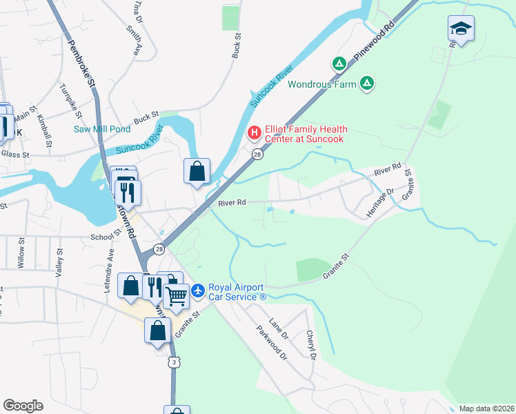 map of restaurants, bars, coffee shops, grocery stores, and more near 27 River Road in Allenstown
