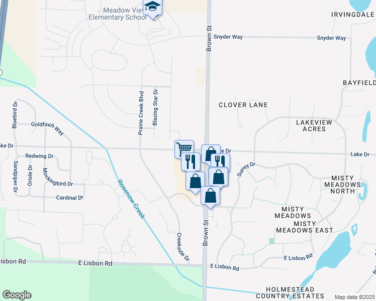 map of restaurants, bars, coffee shops, grocery stores, and more near Lake Drive in Oconomowoc