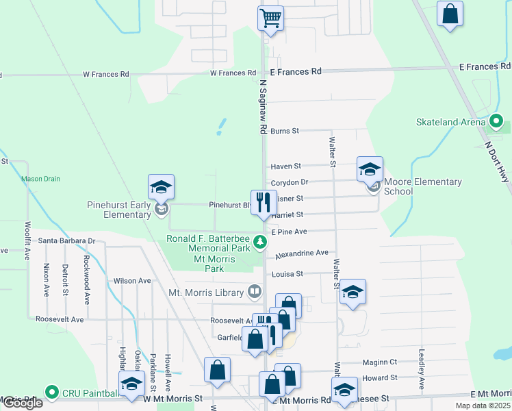 map of restaurants, bars, coffee shops, grocery stores, and more near 1013 Pinehurst Boulevard in Mount Morris