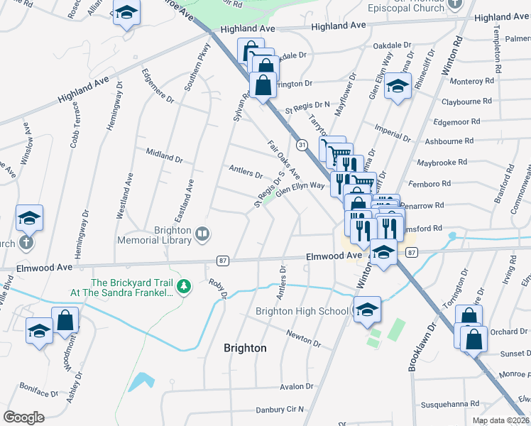 map of restaurants, bars, coffee shops, grocery stores, and more near 27 Bonnie Brae Avenue in Rochester