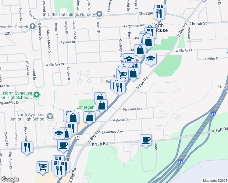 map of restaurants, bars, coffee shops, grocery stores, and more near 444 South Main Street in North Syracuse