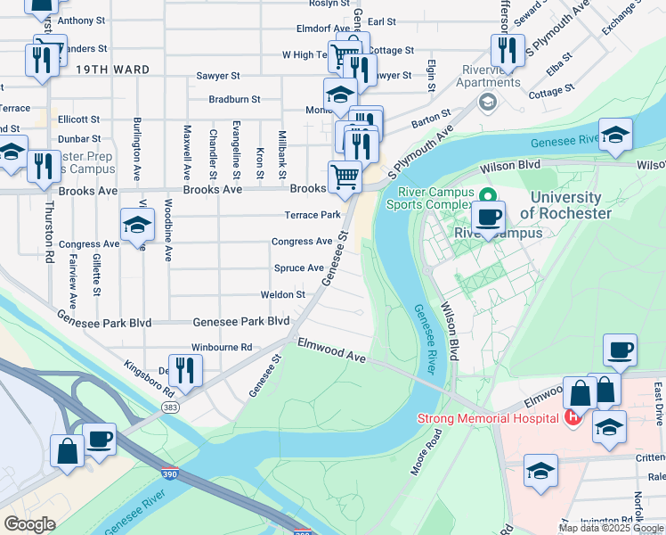map of restaurants, bars, coffee shops, grocery stores, and more near Genesee Street & Spruce Avenue in Rochester