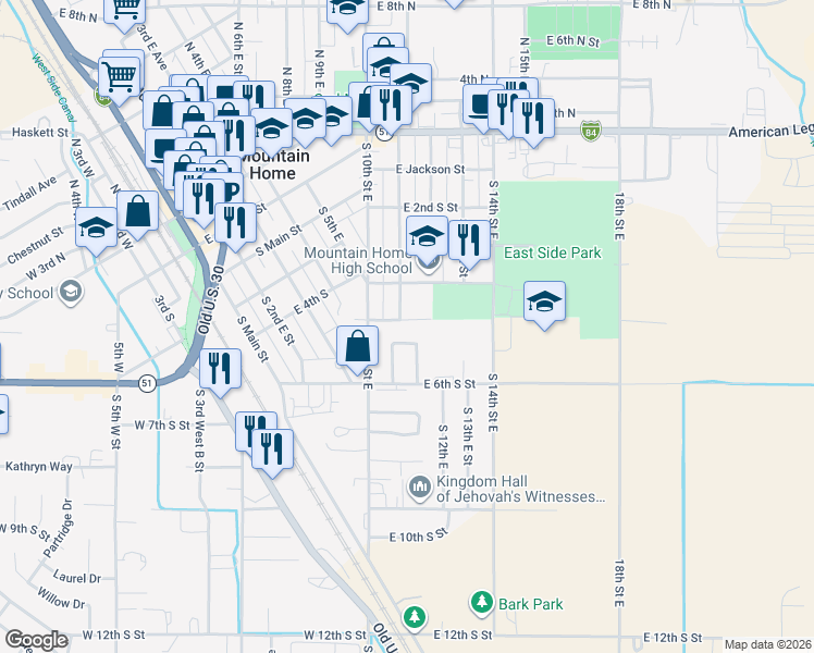 map of restaurants, bars, coffee shops, grocery stores, and more near 515 Samarra Drive in Mountain Home