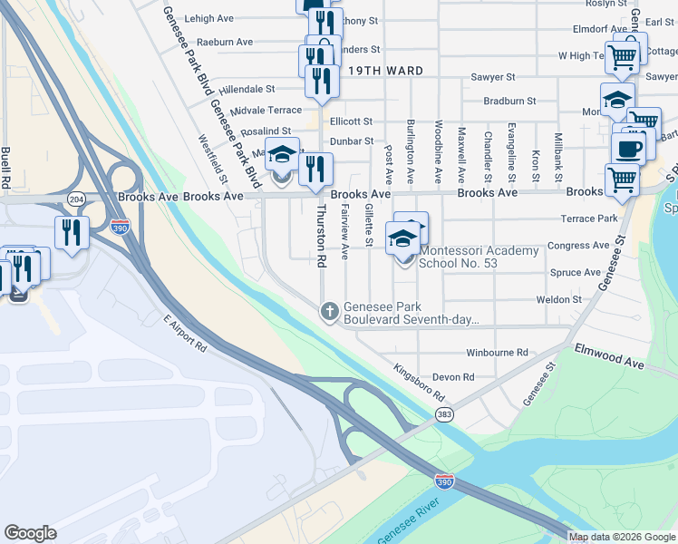 map of restaurants, bars, coffee shops, grocery stores, and more near 836 Thurston Road in Rochester