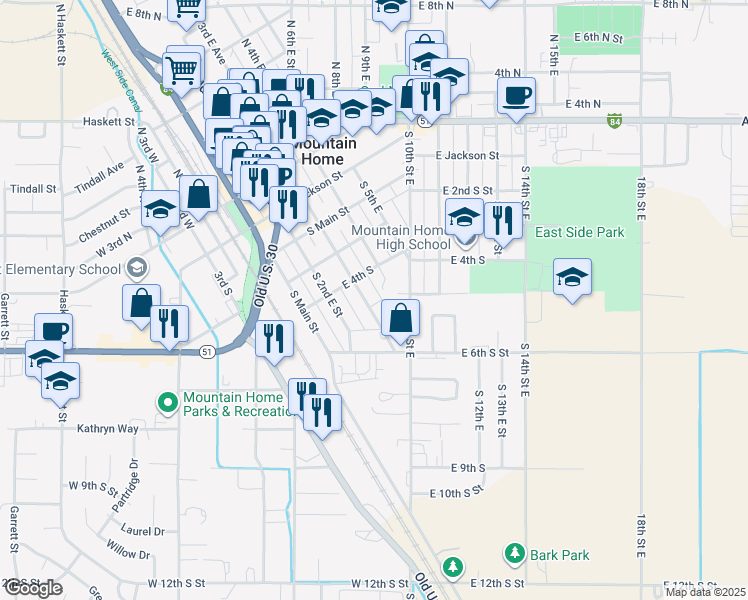 map of restaurants, bars, coffee shops, grocery stores, and more near 500 South 3rd East Street in Mountain Home