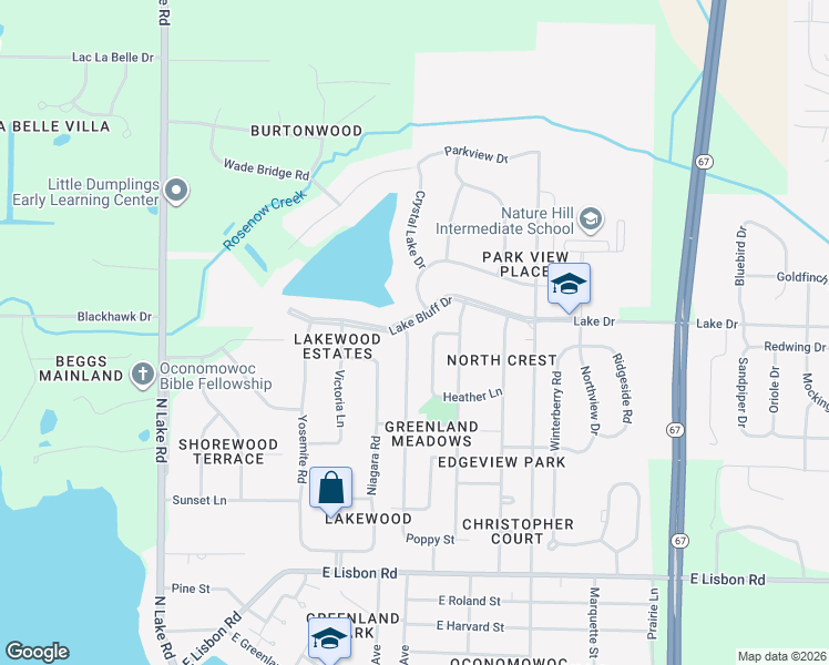map of restaurants, bars, coffee shops, grocery stores, and more near 1300 Heather Circle in Oconomowoc