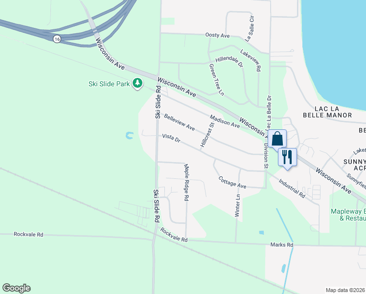 map of restaurants, bars, coffee shops, grocery stores, and more near W249 Vista Drive in Oconomowoc