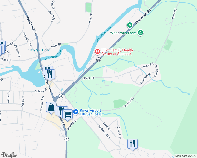 map of restaurants, bars, coffee shops, grocery stores, and more near 27 River Road in Allenstown