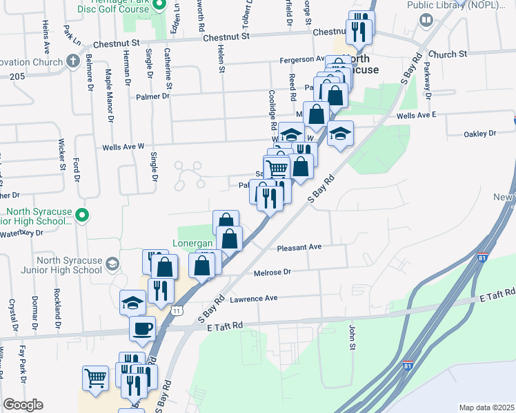 map of restaurants, bars, coffee shops, grocery stores, and more near 444 South Main Street in North Syracuse