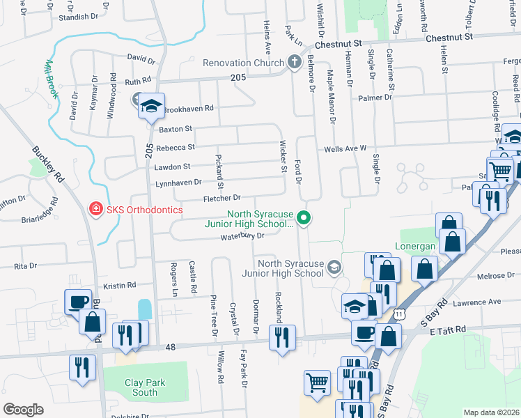 map of restaurants, bars, coffee shops, grocery stores, and more near 58 Homeland Road in Syracuse