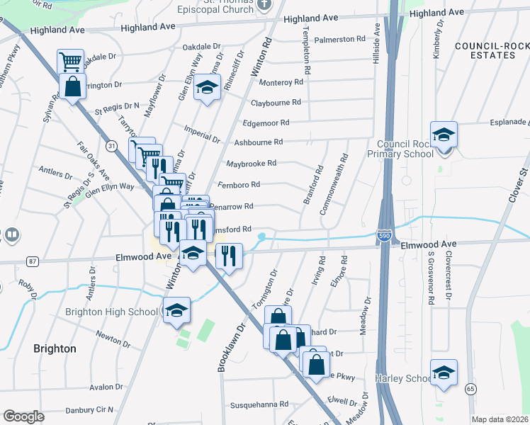 map of restaurants, bars, coffee shops, grocery stores, and more near 36 Chelmsford Road in Rochester
