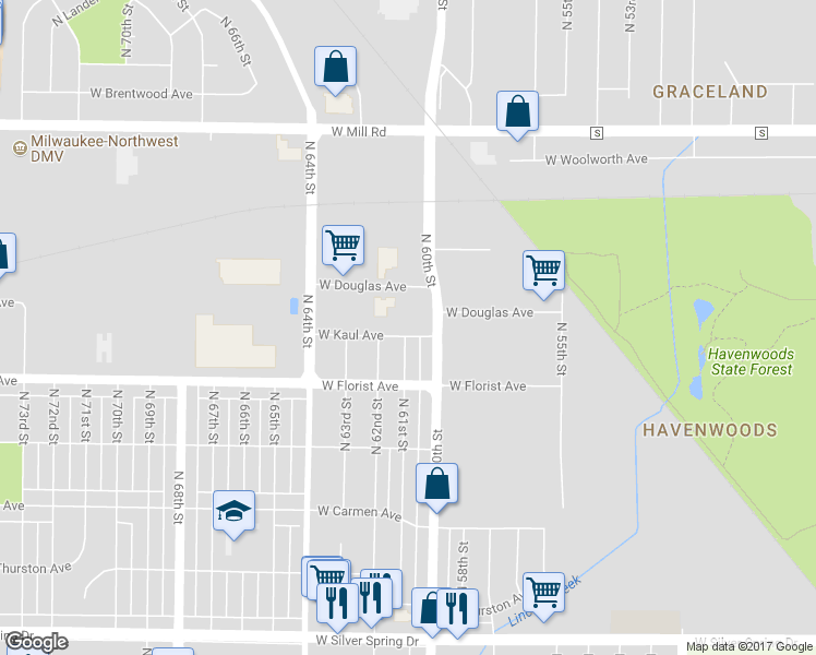 map of restaurants, bars, coffee shops, grocery stores, and more near 6052 North 61st Street in Milwaukee