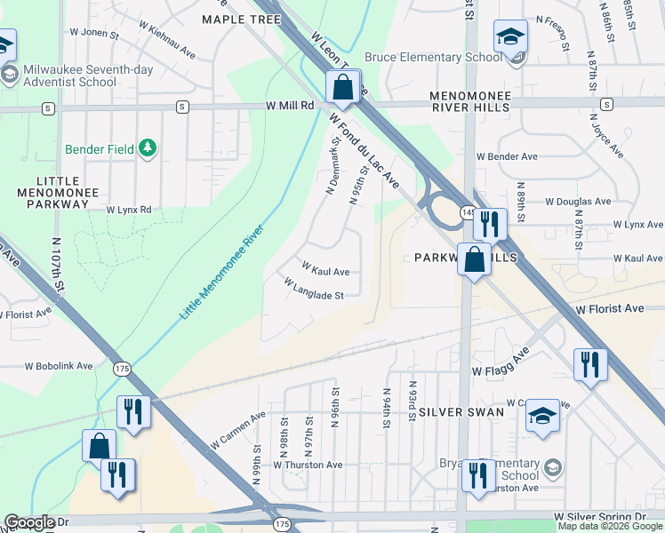 map of restaurants, bars, coffee shops, grocery stores, and more near 9537 West Kaul Avenue in Milwaukee