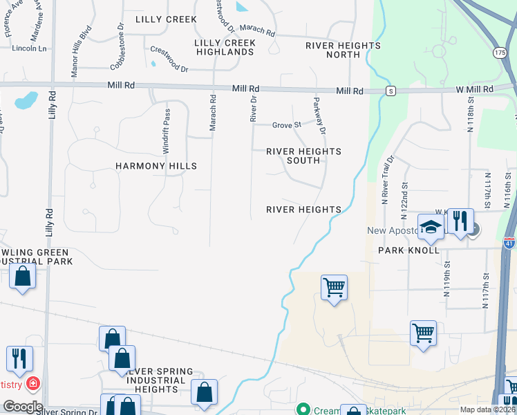 map of restaurants, bars, coffee shops, grocery stores, and more near 6082 River Drive in Menomonee Falls