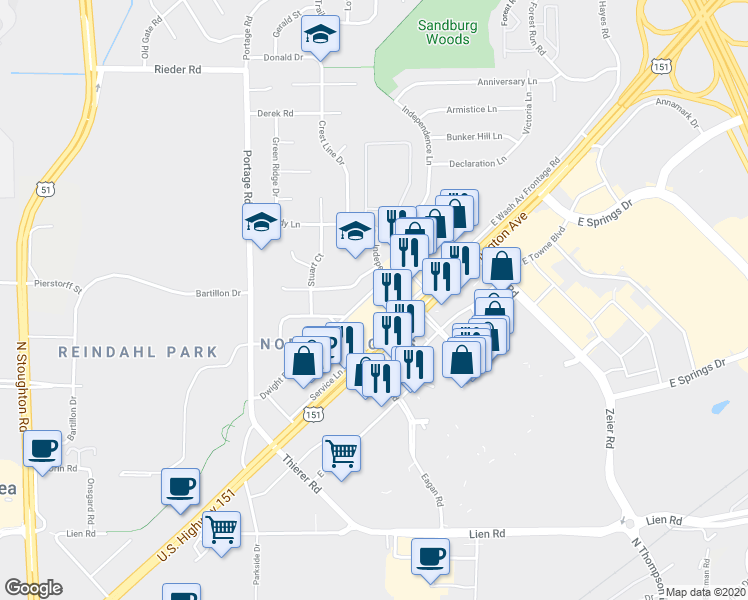 map of restaurants, bars, coffee shops, grocery stores, and more near 4402 East Washington Avenue in Madison