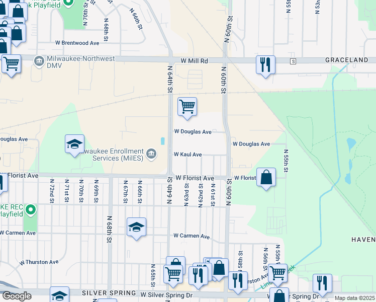 map of restaurants, bars, coffee shops, grocery stores, and more near 6236 West Kaul Avenue in Milwaukee