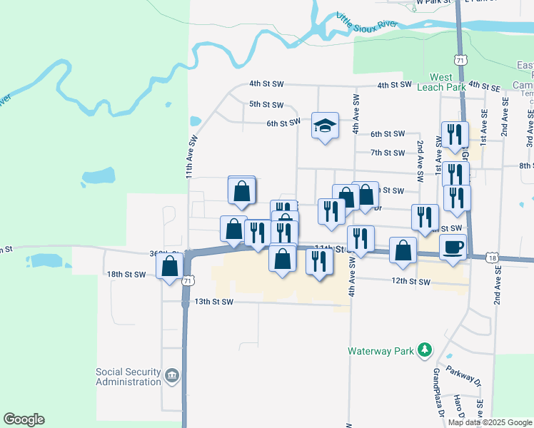 map of restaurants, bars, coffee shops, grocery stores, and more near 901 11th Avenue Southwest in Spencer