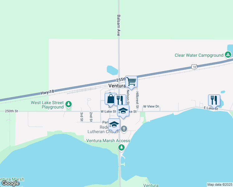 map of restaurants, bars, coffee shops, grocery stores, and more near 110 North Main Street in Ventura