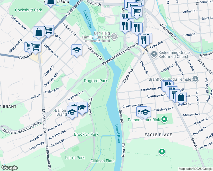 map of restaurants, bars, coffee shops, grocery stores, and more near Fordview Trail in Brantford
