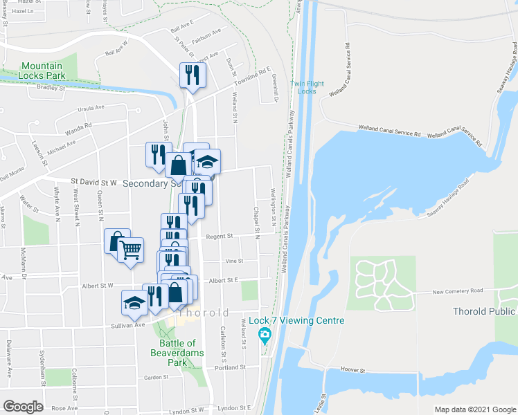 map of restaurants, bars, coffee shops, grocery stores, and more near 54 Chapel Street North in Thorold