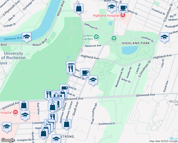 map of restaurants, bars, coffee shops, grocery stores, and more near 87 May Street in Rochester