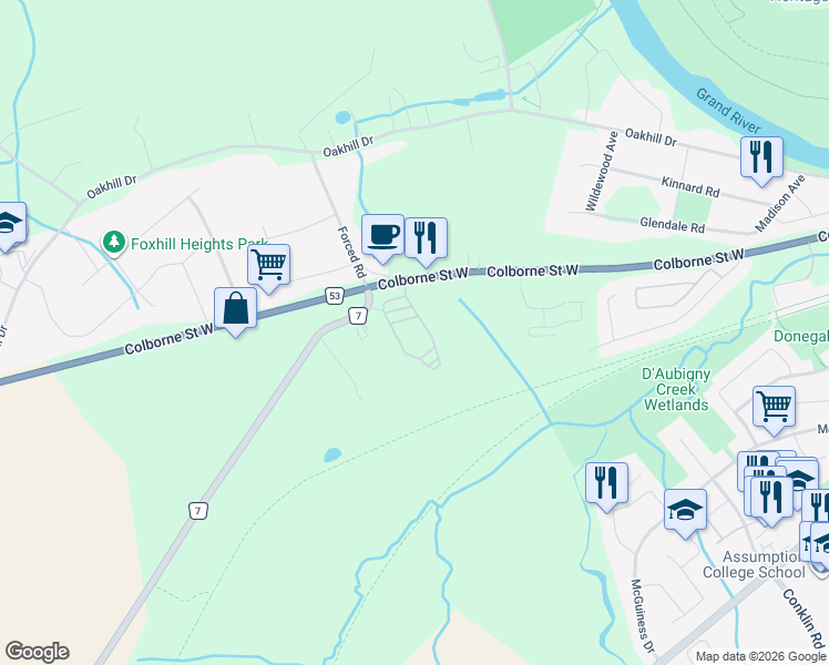 map of restaurants, bars, coffee shops, grocery stores, and more near 2 Pleasant Ridge Road in Brantford