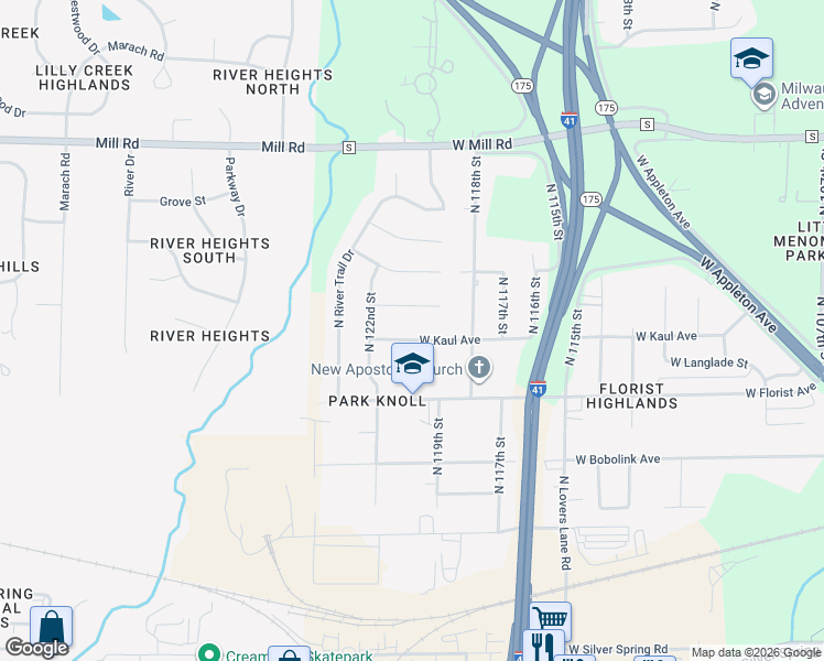 map of restaurants, bars, coffee shops, grocery stores, and more near 12013 West Kaul Avenue in Milwaukee
