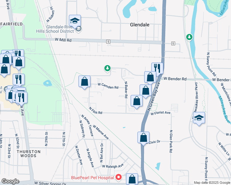 map of restaurants, bars, coffee shops, grocery stores, and more near 6100 North Baker Road in Glendale