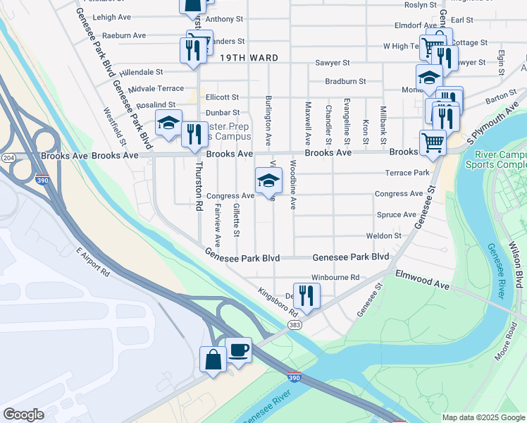 map of restaurants, bars, coffee shops, grocery stores, and more near 353 Congress Avenue in Rochester
